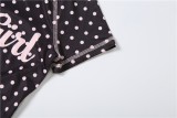 Women Summer Polka Dot Half Collar Zip Short Top Low Waist Shorts Set