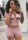 Women Summer Polka Dot Half Collar Zip Short Top Low Waist Shorts Set