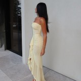 Women Spring Ruffled Patchwork Strapless Slit Bodycon Dress