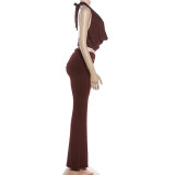 Women Spring Crop Halter Neck Top Flared Pants Set