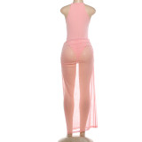 Women Spring Round Neck See-Through Slit Bodycon Skirt Set