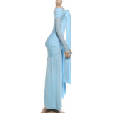 Women Spring Solid Color Off Shoulder Lace-Up Sexy Long Dress