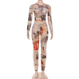 Women Spring Round Neck Printed Slim Fit Pants Set