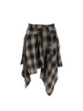 Women High Waist Plaid Irregular Patchwork Midi Skirt