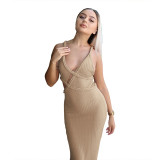 Women Spring Deep V Irregular Cross Low Back Bodycon Dress