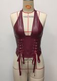 Women Pu Leather Halter Neck Lace-Up Slim Waist Camisole Top