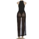 Women Spring Round Neck See-Through Slit Bodycon Skirt Set