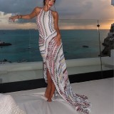 Women Summer Halter Neck Low Back Slit Long Dress