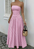 Women Spring Polka Dot High Neck Strapless Ruffled Career Dress