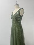 Women Deep V Mesh Floral Sequin Swing Evening Dress