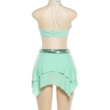 Women Summer Halter Neck Low Back Sequin Patchwork Bodycon Dress