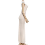 Women Summer Stand Collar Hollow Out High Slit Formal Dress