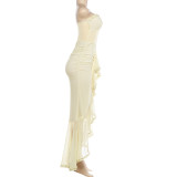 Women Spring Ruffled Patchwork Strapless Slit Bodycon Dress