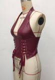Women Pu Leather Halter Neck Lace-Up Slim Waist Camisole Top