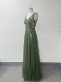 Women Deep V Mesh Floral Sequin Swing Evening Dress