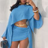 Women Elegant Slash Shoulder Top Lace-Up Bodycon Mini Skirt Set