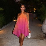 Women Summer Gradient Halter Neck Low Back Strapless Bodycon Dress