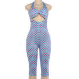 Women Summer Halter Neck Low Back Hollow Out Polka Dot Five-point Jumpsuit
