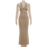 Women Spring Deep V Irregular Cross Low Back Bodycon Dress