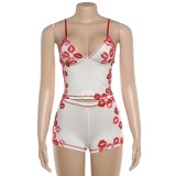 Women Summer Deep V Printed Camisole Vest Shorts Set