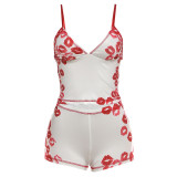 Women Summer Deep V Printed Camisole Vest Shorts Set