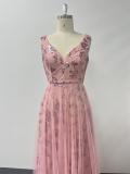 Women Deep V Mesh Floral Sequin Swing Evening Dress
