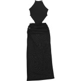 Women Spring Round Neck See-Through Slit Bodycon Skirt Set