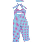Women Summer Halter Neck Low Back Hollow Out Polka Dot Five-point Jumpsuit