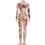 Women Spring Round Neck Printed Slim Fit Pants Set
