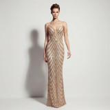 Women Sexy Deep V Low Back Sequin Mermaid Formal Party Evening Dress
