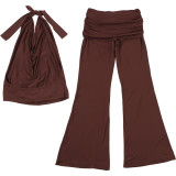 Women Spring Crop Halter Neck Top Flared Pants Set