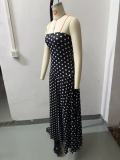 Women Spring Polka Dot High Neck Strapless Ruffled Career Dress