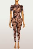 Women Elastic Printed See-Through Short Sleeve Jumpsuit