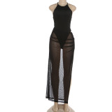 Women Spring Round Neck See-Through Slit Bodycon Skirt Set