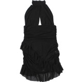 Women Summer Hollow Out See-Through Halter Neck Low Back Ruffled Bodycon Dress