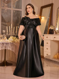Women Plus Size Off Shoulder Satin Bow Sequin Party Evening Dress
