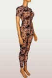 Women Elastic Printed See-Through Short Sleeve Jumpsuit