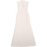 Women Summer Stand Collar Hollow Out High Slit Formal Dress