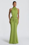 Women High Neck Ruched Halter Neck Low Back Formal Party Dress