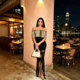 Women Summer Off Shoulder Striped Patchwork Tassel Bandage Long Party Evening Dress