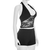 Women Summer Lace Patchwork Halter Neck Lace-Up Low Back Top & Shorts Set