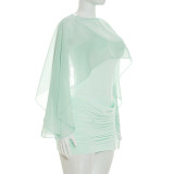 Women Summer Solid Mesh See-through Ruched Shoulder Strap Bodycon Dress