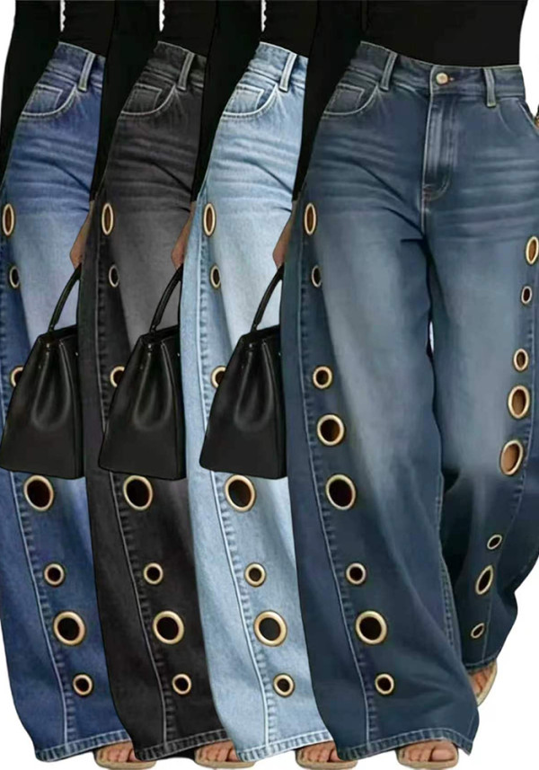 Women Spring Summer Loose Denim Metal Decor Pants