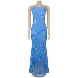 Women Summer Sexy Mesh Strapless Floral Evening Dress