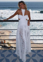Women Summer Halter Neck Lace Patchwork Pattern Sleeveless Strapless Long Dress Women Summer Halter Neck Lace Patchwork Pattern Sleeveless Strapless Long Dress