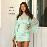 Women Summer Solid Mesh See-through Ruched Shoulder Strap Bodycon Dress