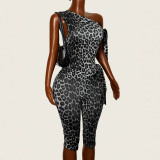 Women Summer Lace-up Slash Shoulder Leopard Slim Fit Jumpsuit
