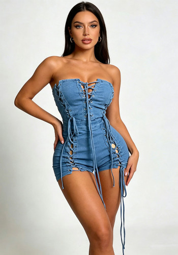 Women Summer Strapless Lace-up Tie Detail Denim Jumpsuit