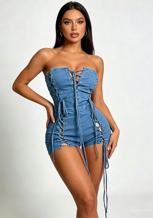 Women Summer Strapless Lace-up Tie Detail Denim Jumpsuit