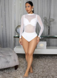 Women Summer Long Sleeve Mesh See-through Slim Fit Bodysuit